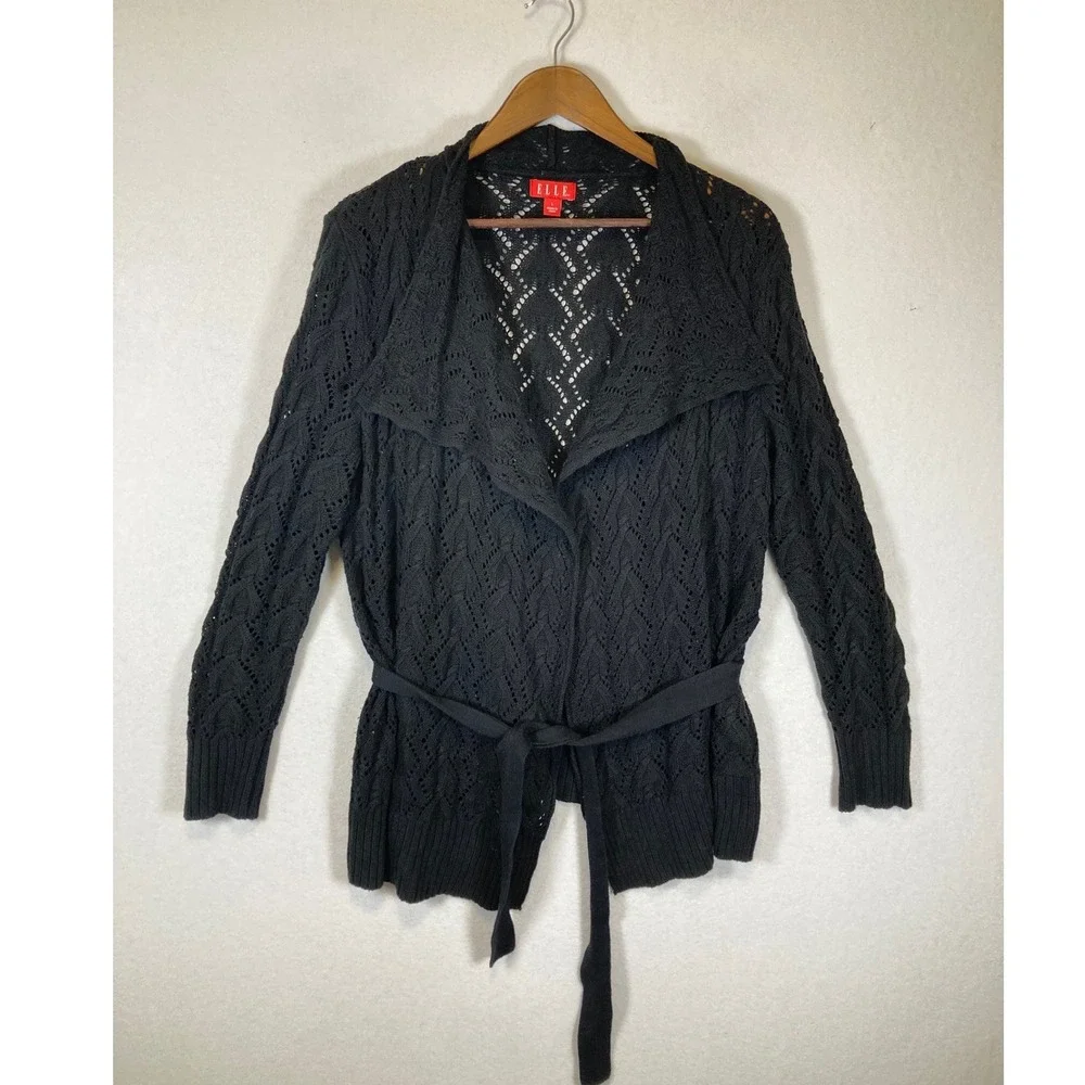 Classic‎ ELLE Women L Black Pointelle Knit Wrap Cardigan Tie Waist Shawl Collar